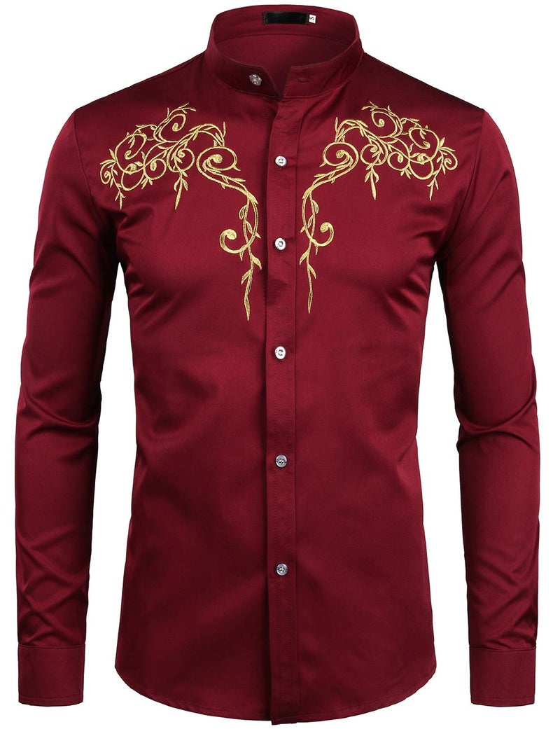 ZEROYAA Mens Hipster Design Golden Floral Embroidery Slim Fit Long Sleeve Mandarin Collar Shirts Tops ZZCL08 Burgundy Medium - Image 1